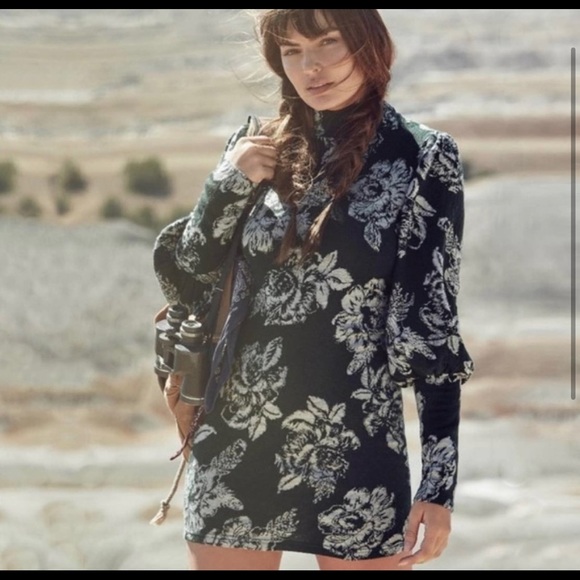 Free People Floral Wool Blend Mock Neck Mini Dress - Picture 3 of 8